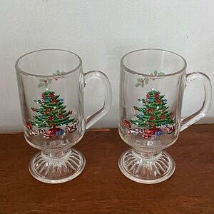 Vintage Christmas Tree Glass Irish Coffee Mugs set of 2